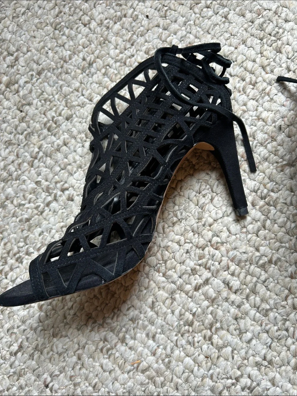 Zara Black Laser-Cut Lace-Up Peep-Toe Heels
